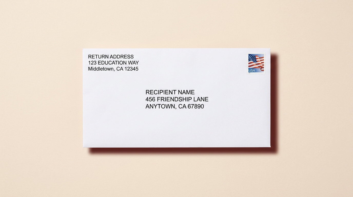 Diagram of a correctly addressed US domestic mail envelope with maroon brown contact shadow, return address in top left, stamp in top right, and left-aligned recipient address in center